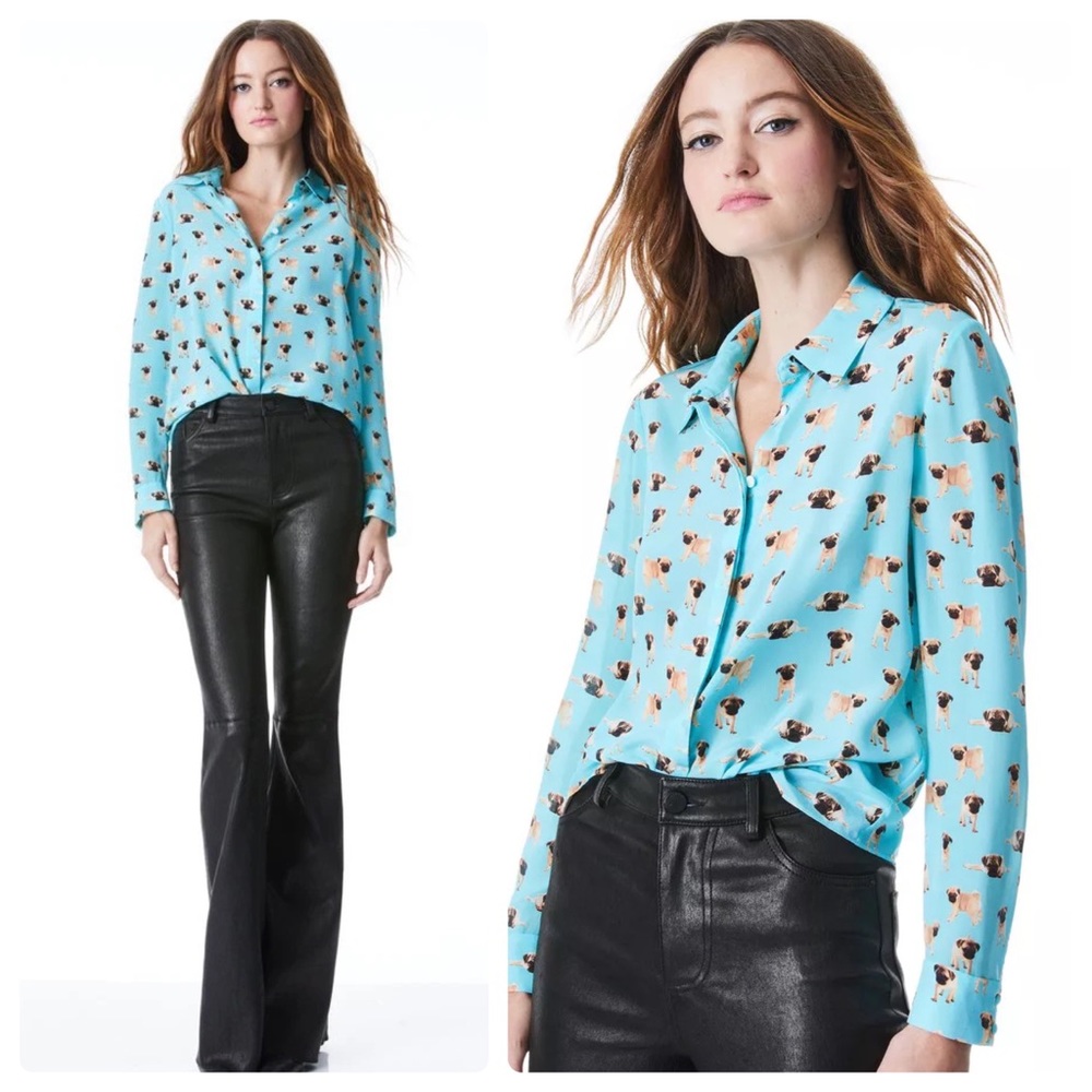ALICE + OLIVIA Willa Placket Pug Print Top